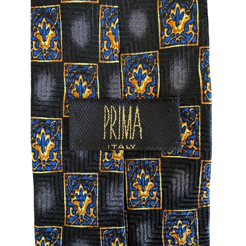 Prima Italy Mens Silk Necktie‎ Black Blue Gold Geometric Crest Hand Sewn USA